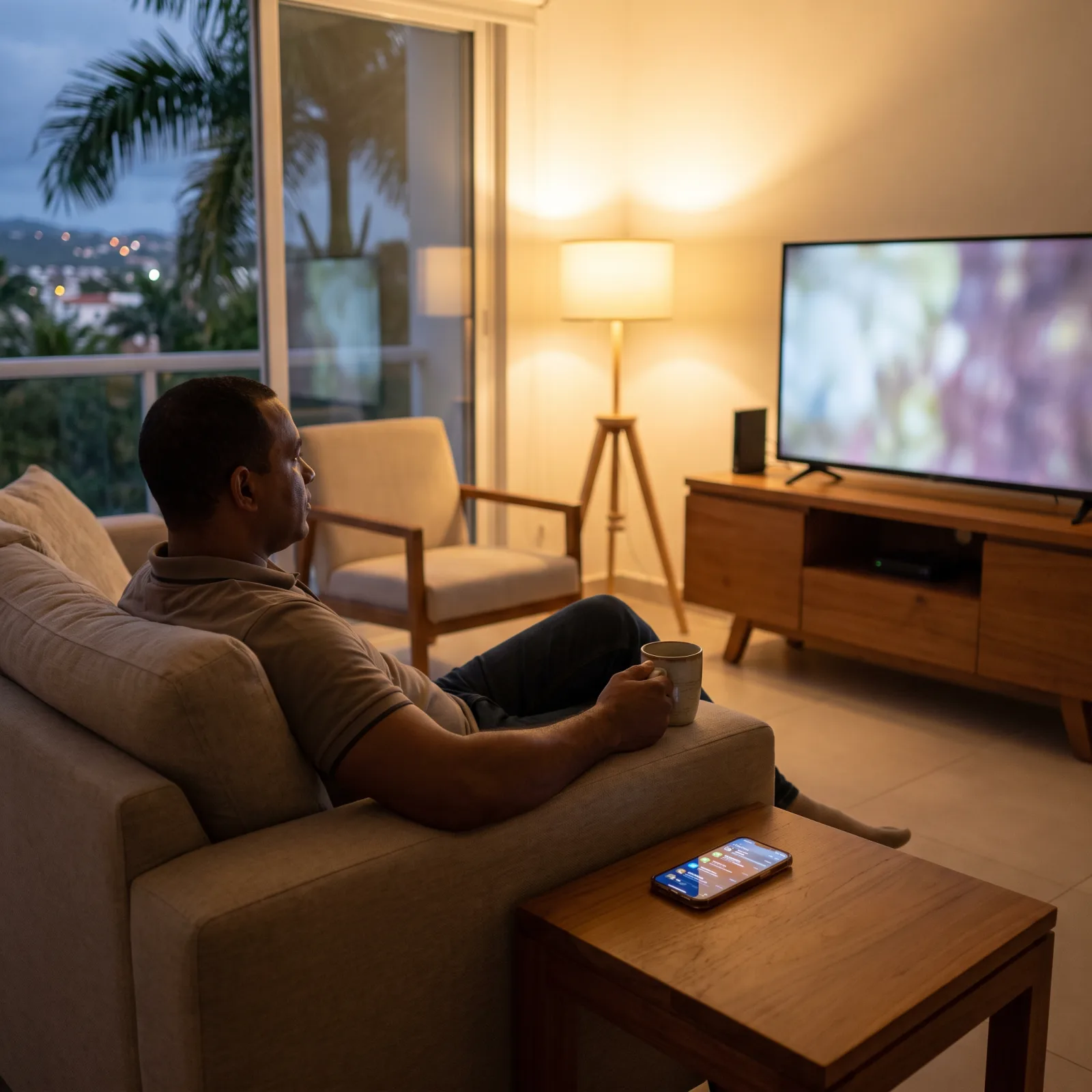 Dueño en casa de noche viendo televisión; el celular en la mesa recibe mensajes solo
