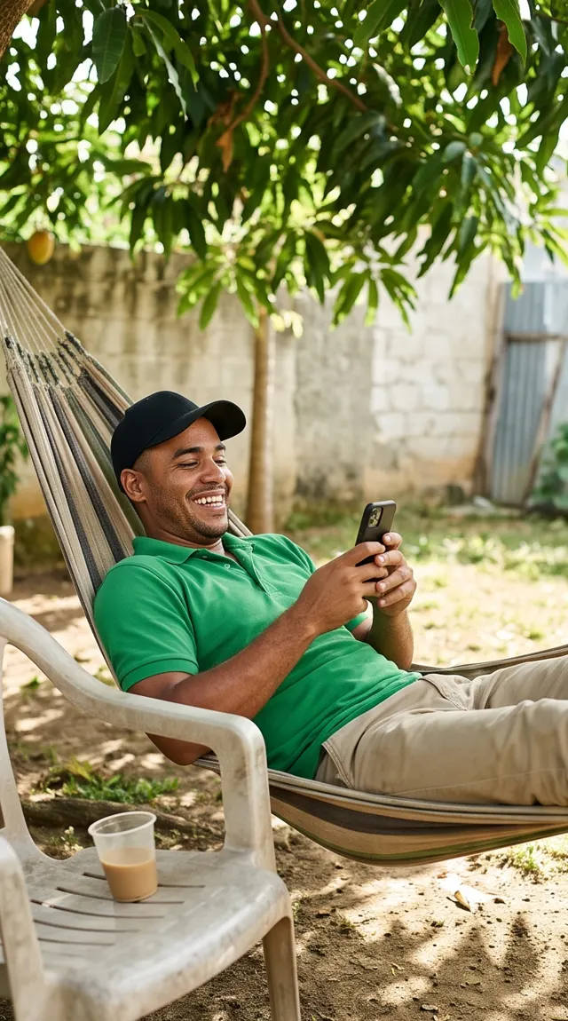 Un jardinero acostado en una hamaca escribe en el celular